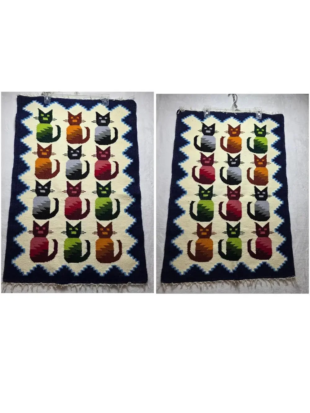 Handwoven Wool Rug with Colorful Cat Motif